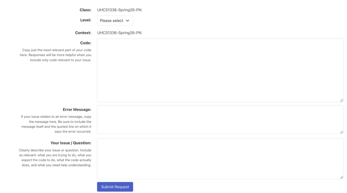 CodeHelp guided AI help interface used in COSC 1336
